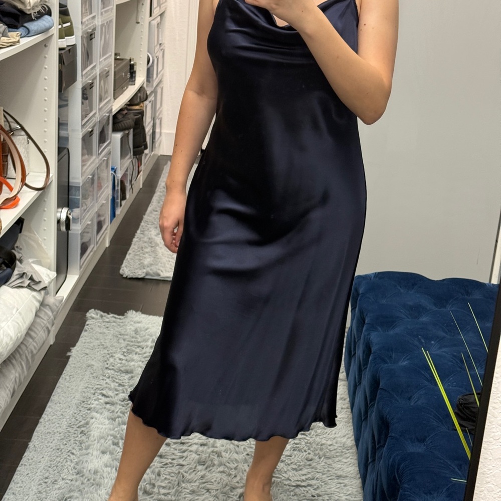 Bebe Blue Satin Chemise with Elegant Drape